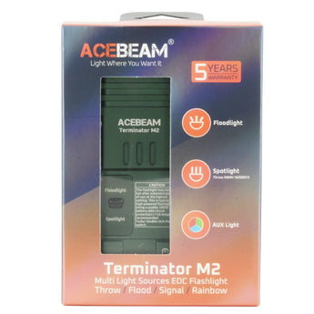 Acebeam Terminator M2 LED Flashlight - 2000-Lumen High CRI Black or 3200-Lumen Cool White OD Green - Includes 1 x USB-C Rechargeable 18650