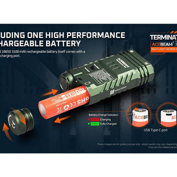 Acebeam Terminator M2 LED Flashlight - 2000-Lumen High CRI Black or 3200-Lumen Cool White OD Green - Includes 1 x USB-C Rechargeable 18650