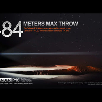 Acebeam Defender P16 USB-C Rechargeable LED Flashlight - 1800 Lumens - Luminus SFT40 - Includes 1 x 18650 - Black or Gray