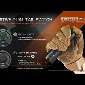 Acebeam Defender P16 USB-C Rechargeable LED Flashlight - 1800 Lumens - Luminus SFT40 - Includes 1 x 18650 - Black or Gray