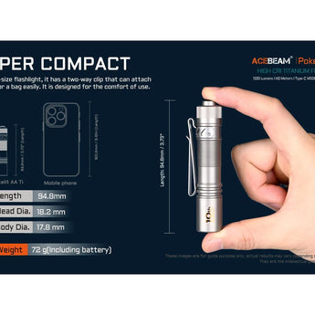 Acebeam Pokelit AA LED Flashlight - 500 Lumens - Nichia 519A - High CRI - Includes 1 x USB-C Rechargeable 14500 - Copper or Titanium - Copper, Damascus, or 10th Anniversary Edition