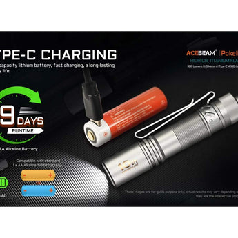 Acebeam Pokelit AA LED Flashlight - 500 Lumens - Nichia 519A - High CRI - Includes 1 x USB-C Rechargeable 14500 - Copper or Titanium - Copper, Damascus, or 10th Anniversary Edition