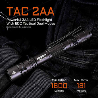 Acebeam TAC-2AA LED Flashlight - 1600 or 1400 Lumens - Includes 1 x USB-C Rechargeable Battery Pack - Choice of Color and LED
