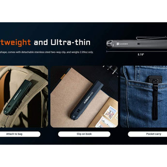 Acebeam UC20 USB-C Rechargeable EDC LED Flashlight Informational Slide - Lightweight and Ultra Thin