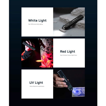 Acebeam UC20 USB-C Rechargeable EDC LED Flashlight Informational Slide - White, Red, and UV Light