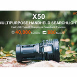 Acebeam X50 High Intensity USB-C Rechargeable Handheld Searchlight - 8 x CREE XHP70.2 - 40000 or 38000 Lumens - 6500K or 5000K - Uses Built-In 10.8V 4250mAh Li-ion Battery Pack