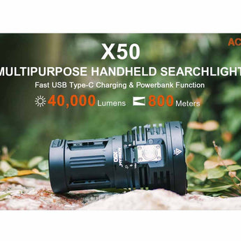 Acebeam X50 High Intensity USB-C Rechargeable Handheld Searchlight - 8 x CREE XHP70.2 - 40000 or 38000 Lumens - 6500K or 5000K - Uses Built-In 10.8V 4250mAh Li-ion Battery Pack