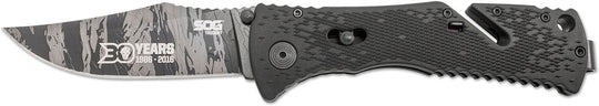 SOG Trident Folding Knife - 3.75-inch Straight Edge, Clip Point - Tigerstripe Finish - Black Handle - 30th Anniversary - Boxed (ANV1002-BX)