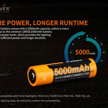 Fenix ARB-L21-5000-V2 21700 5000mAh 3.6V Protected High-Drain Lithium Ion (Li-ion) Button Top Battery