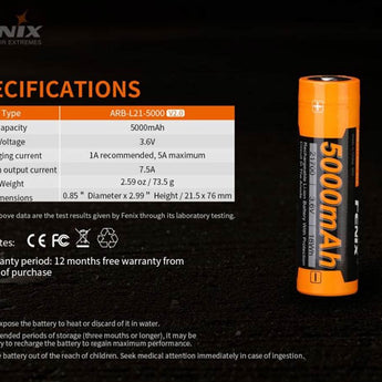 Fenix ARB-L21-5000-V2 21700 5000mAh 3.6V Protected High-Drain Lithium Ion (Li-ion) Button Top Battery