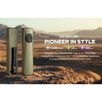 Olight Arkfeld Ultra Rechargeable LED Flashlight - 1400 Lumens - Cool or Neutral White - 365nm UV - Green Laser - Uses Built-in 1500mAh Li-Poly Battery Pack - Multiple Color Options