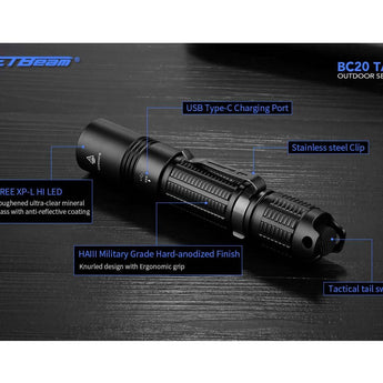 Jetbeam BC20-TAC USB-C Rechargeable LED Flashlight - CREE XP-L HI - 1100 Lumens - Uses 1 x 18650 or 2 x CR123A