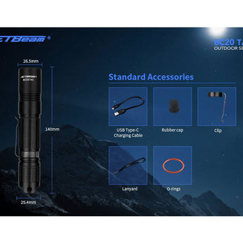Jetbeam BC20-TAC USB-C Rechargeable LED Flashlight - CREE XP-L HI - 1100 Lumens - Uses 1 x 18650 or 2 x CR123A