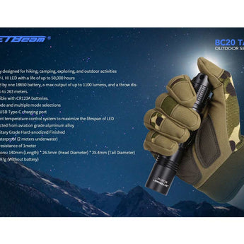 Jetbeam BC20-TAC USB-C Rechargeable LED Flashlight - CREE XP-L HI - 1100 Lumens - Uses 1 x 18650 or 2 x CR123A