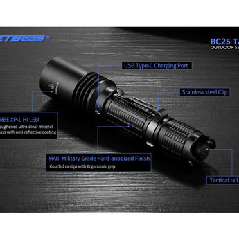Jetbeam BC25-TAC USB-C Rechargeable LED Flashlight - CREE XP-L HI - 1100 Lumens - Uses 1 x 18650 or 2 x CR123A