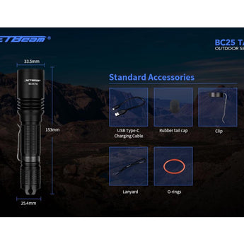 Jetbeam BC25-TAC USB-C Rechargeable LED Flashlight - CREE XP-L HI - 1100 Lumens - Uses 1 x 18650 or 2 x CR123A