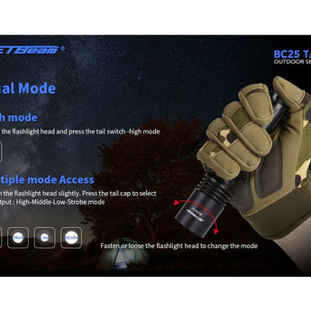 Jetbeam BC25-TAC USB-C Rechargeable LED Flashlight - CREE XP-L HI - 1100 Lumens - Uses 1 x 18650 or 2 x CR123A