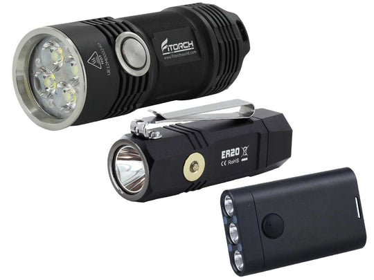 BUNDLE: 1 x Fitorch P25 Little Fatty LED Flashlight with 1 x Fitorch K3 Lite Rechargeable LED Keychain Light and 1 x Fitorch ER20 Rechargeable LED Flashlight - Black