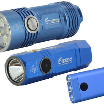 BUNDLE: 1 x Fitorch P25 Little Fatty LED Flashlight with 1 x Fitorch K3 Lite Rechargeable LED Keychain Light and 1 x Fitorch ER20 Rechargeable LED Flashlight - Blue