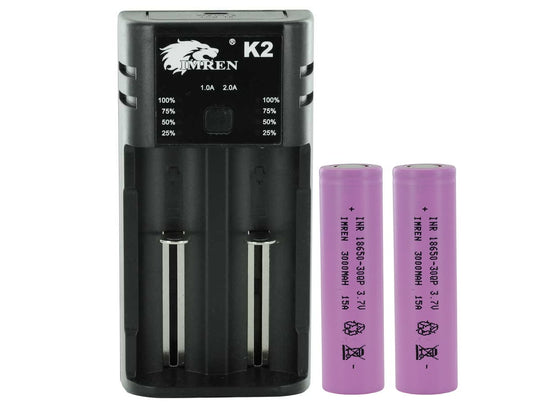 BUNDLE: Imren K2 2-Channel Charger for Li-ion with 2 x Imren 30QP INR 18650 3000mAh 3.7V Unprotected High-Drain 15A Lithium Ion (Li-ion) Flat Top Batteries