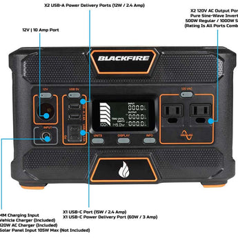 Blackfire PAC505 Portable Power Station - 505Wh - 2 x 120V AC Ports - Black