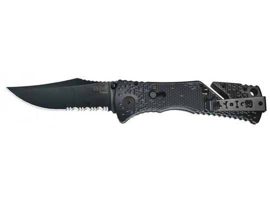 SOG Trident Folding Knife - 3.75-inch Partially Serrated, Clip Point - Hardcased Black TiNi Finish (TF1-BX) with Black Handle, or Hardcased Copper TiNi Finish (TF5) with Desert Camo Handle