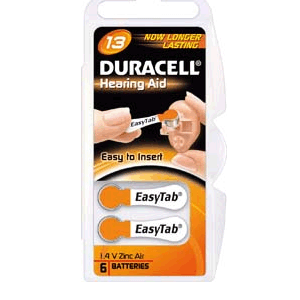 Duracell Activair Size 13 300mAh 1.4V Zinc Air EasyTab Hearing Aid Batteries (DA13B8) - 6 Pack Clam Shell