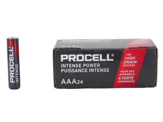 Duracell Procell Intense AAA - 24 Count Box with One Battery Sitting Beside