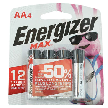 Energizer Max E91-BP-4 AA 1.5V Alkaline Button Top Batteries - 4 Piece Retail Card