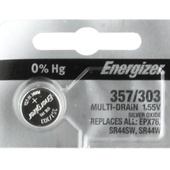 Energizer 357/303 150mAh 1.55V Silver Oxide Coin Cell Battery (D303, D357, D303/357, GS13, 228, 357, 280-62, 76A) - 1 Piece Tear Strip, Sold Individually