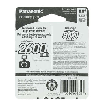 Panasonic Eneloop Pro BK-3HCCA-4BA AA 2550mAh 1.2V Low Self Discharge Nickel Metal Hydride (NiMH) Button Top Batteries - 4 Pack Retail Card