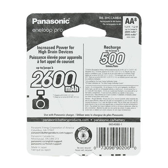 Panasonic Eneloop Pro BK-3HCCA-8BA AA 2550mAh 1.2V Low Self Discharge Nickel Metal Hydride (NiMH) Button Top Batteries - 8 Pack Retail Card