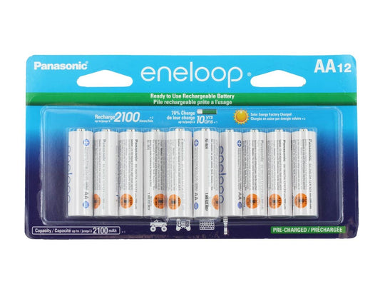 Panasonic Eneloop BK-3MCCA12FA-12AA AA 2100mAh 1.2V Low Self Discharge Nickel Metal Hydride (NiMH) Button Top Batteries - 12 Pack Retail Card - Front Packaging