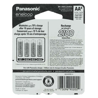 Panasonic Eneloop BK-3MCCA-8BA AA 2000mAh 1.2V Low Self Discharge Nickel Metal Hydride (NiMH) Button Top Batteries - 8 Pack Retail Card