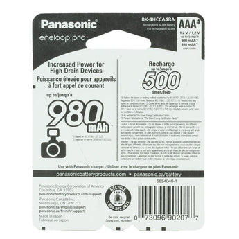 Panasonic Eneloop Pro BK-4HCCA-4BA AAA 950mAh 1.2V Low Self Discharge Nickel Metal Hydride (NiMH) Button Top Batteries - 4 Pack Retail Card