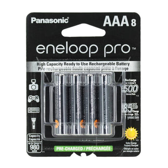 Panasonic Eneloop Pro BK-4HCCA-8BA AAA 950mAh 1.2V Low Self Discharge Nickel Metal Hydride (NiMH) Button Top Batteries - 8 Pack Retail Card