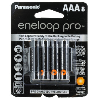 Panasonic Eneloop Pro BK-4HCCA-8BA AAA 950mAh 1.2V Low Self Discharge Nickel Metal Hydride (NiMH) Button Top Batteries - 8 Pack Retail Card