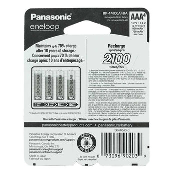 Panasonic Eneloop BK-4MCCA-4BA AAA 800mAh 1.2V Low Self Discharge Nickel Metal Hydride (NiMH) Button Top Batteries - 4 Pack Retail Card