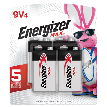 Energizer Max 522BP-4 9V Alkaline Battery with Snap Connector - 4 Piece Family Pack