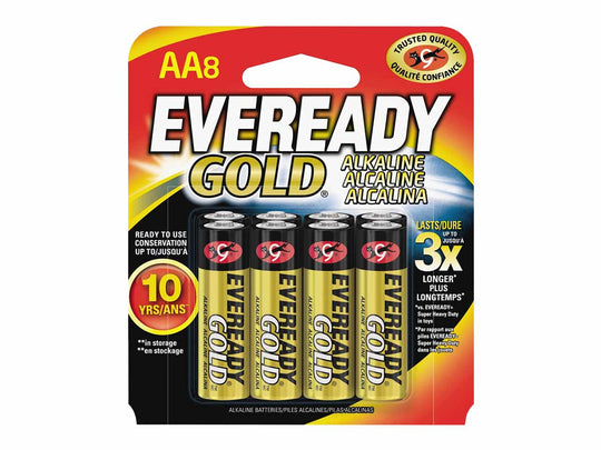 Packaging of Eveready Gold AA batteries with red and yellow design - 8 Pack