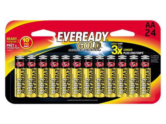 Energizer Eveready Gold AA 1.5V Alkaline Button Top Batteries - 24 Piece Retail Card (A91BP24H)
