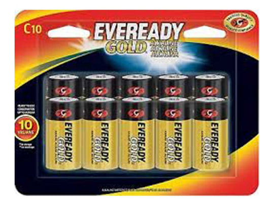 Energizer Eveready Gold C-cell 1.5V Alkaline Button Top Batteries - 10 Piece Retail Card (A93BP-10)