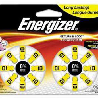 Energizer EZ Turn & Lock Size 10 91mAh 1.4V Zinc Air Hearing Aid Batteries - 16 Count Blister Pack - Mercury Free (AZ10DP-16)