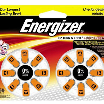 Energizer EZ Turn & Lock Size 13 280mAh 1.4V Zinc Air Hearing Aid Batteries - 16 Count Blister Pack - Mercury Free (AZ13DP-16)