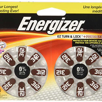 Energizer EZ Turn & Lock Size 312 160mAh 1.4V Zinc Air Hearing Aid Batteries - 16 Count Blister Pack - Mercury Free (AZ312DP16)