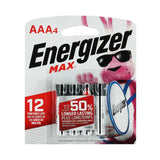 Energizer Max E92-BP-4 AAA 1.5V Alkaline Button Top Batteries - 4 Piece Retail Card