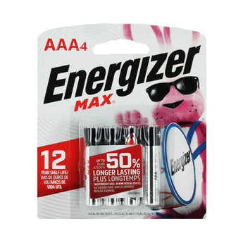 Energizer Max E92-BP-4 AAA 1.5V Alkaline Button Top Batteries - 4 Piece Retail Card