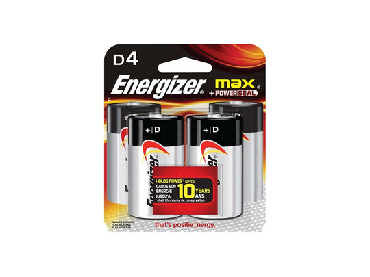 Energizer Max E95-BP-4 D Alkaline Button Top Battery - 4 Piece Retail Card
