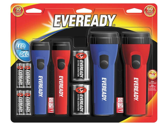 Energizer Eveready 4-Pack Economy LED Flashlights - Uses 2 x D (Included) and 4 x AA (Included) - EVM5511S