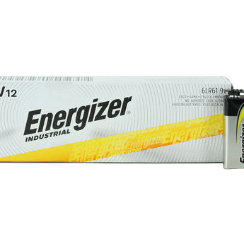 energizer industrial 9v battery 12 pack box with singular battery outside of it